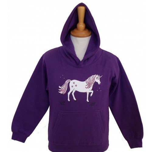 British Country Collection Dancing Unicorn Childs Hoodie Purple