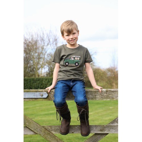 British Country Collection Offroader & Dogs Childrens T-Shirt Olive