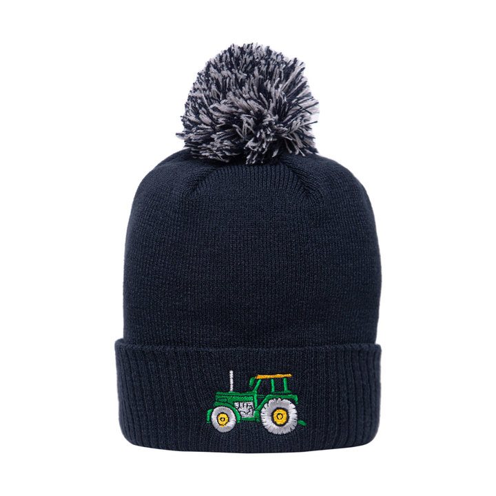 British Country Collection Tractor Pom Pom Beanie Hat for Kids Green/ Navy