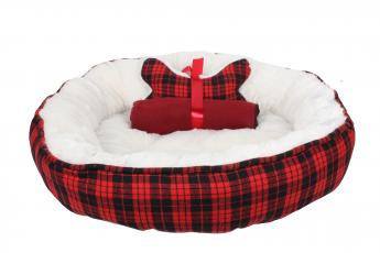 Dream Paws Bed & Blanket & Bone Toy Bundle Set Red Check