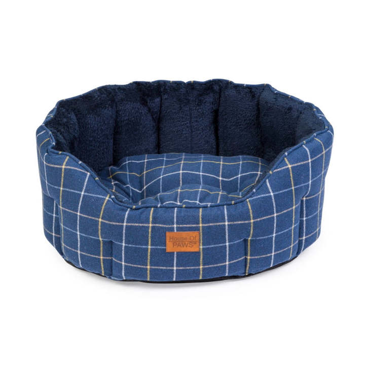 House of Paws Check Tweed Oval Snuggle Bed Navy for Dogs