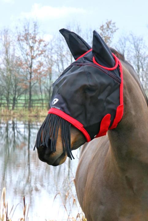 Hy Equestrian Mesh Half Mask With Ears and Fringe Black/Red