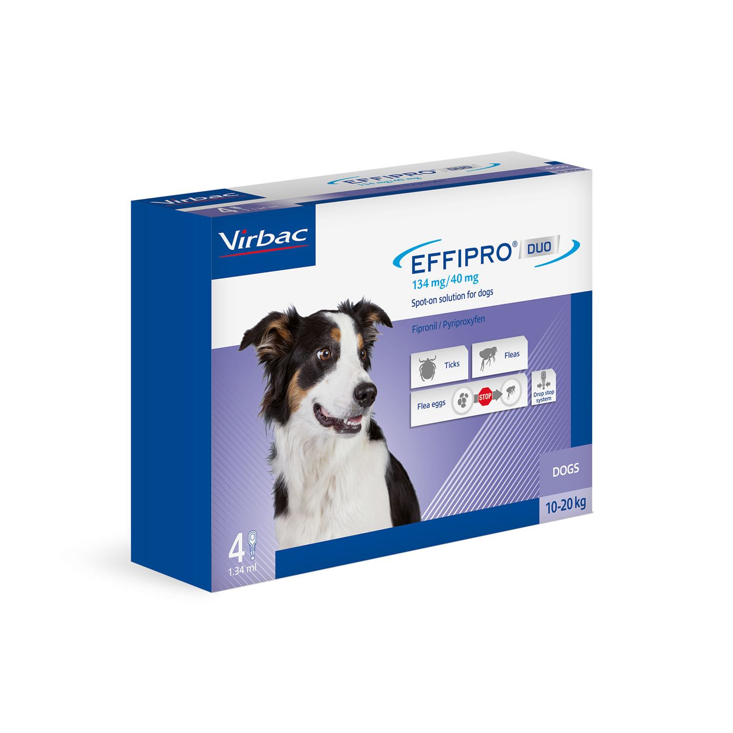 Virbac Effipro Duo Flea And Tick Spot On Solution For Cats And Dogs - Dog (10-20Kg) - 4 Pipettes Medium