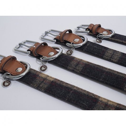 Rosewood Luxury Leather Dog Collar - Tweed Check - 20 - 24 x 1 inch