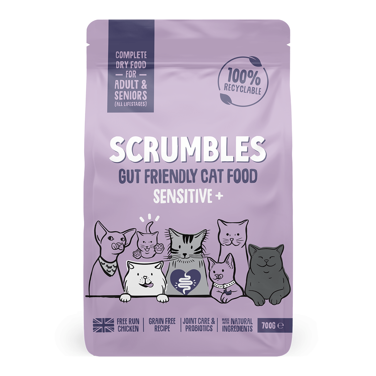 Scrumbles Sensitive+ Gut Friendly Adult Dry Cat Food - Grain/Salmon 700G