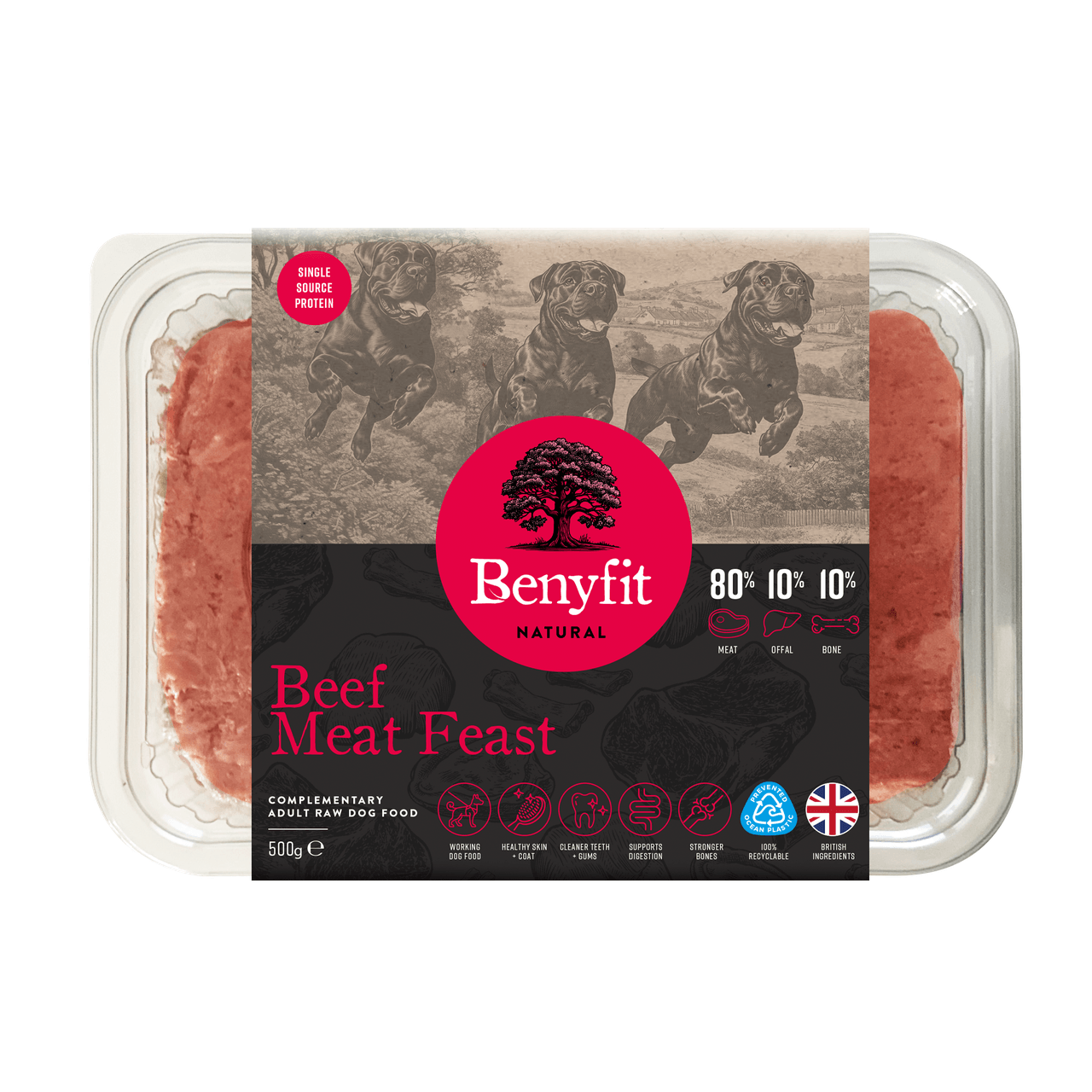 Benyfit Natural 80:10:10 Beef Meat Feast Raw Adult Dog Food - 500G