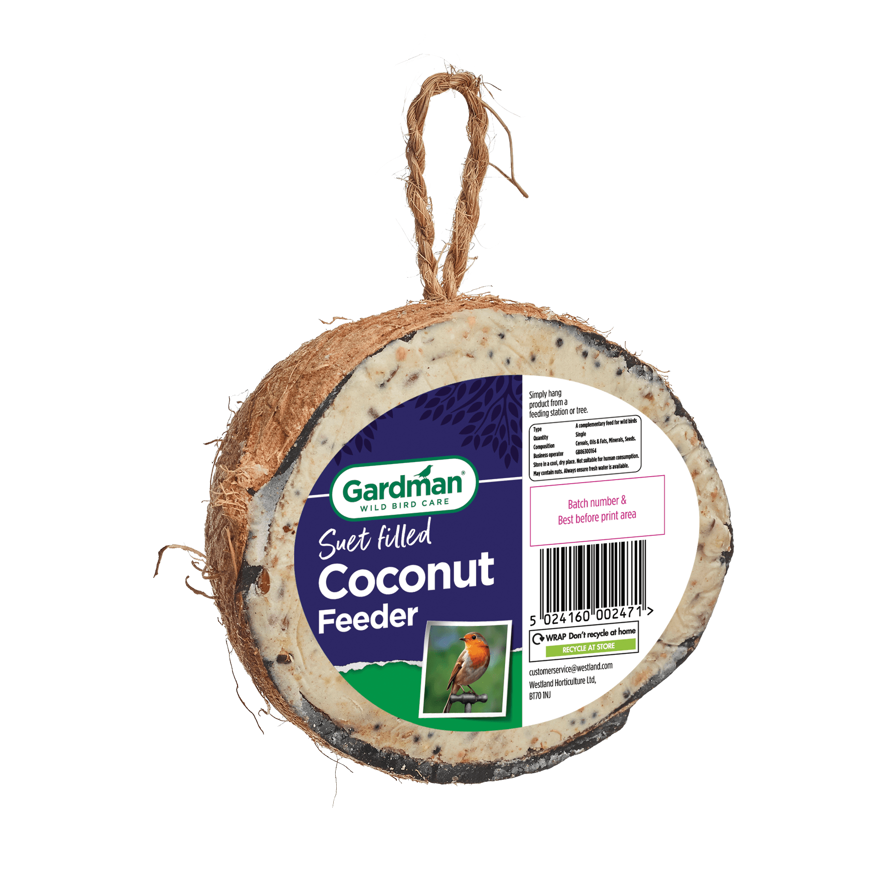Gardman Suet Filled Coconut Feed Wild Bird Food - Single